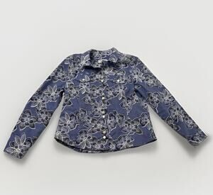Norm Thompson Indigo & White Floral Collared Button Jacket Medium Boho Casual